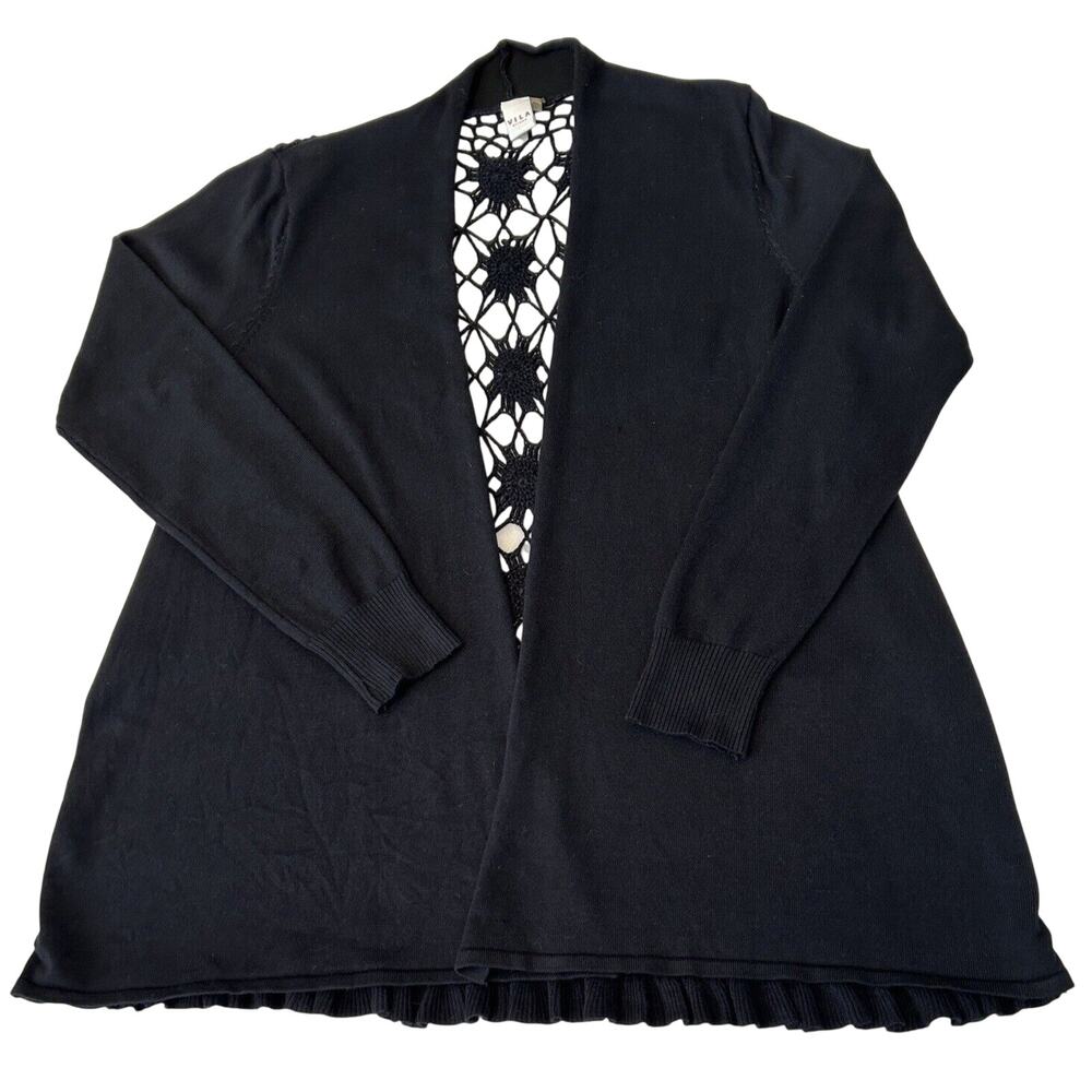 Vila Milano Women's Open Cardigan Size XL Black Crochet Back Ruffle Hem Sweater